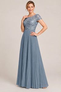 Embroidered Lace Pleated Mother of the Bride Dress