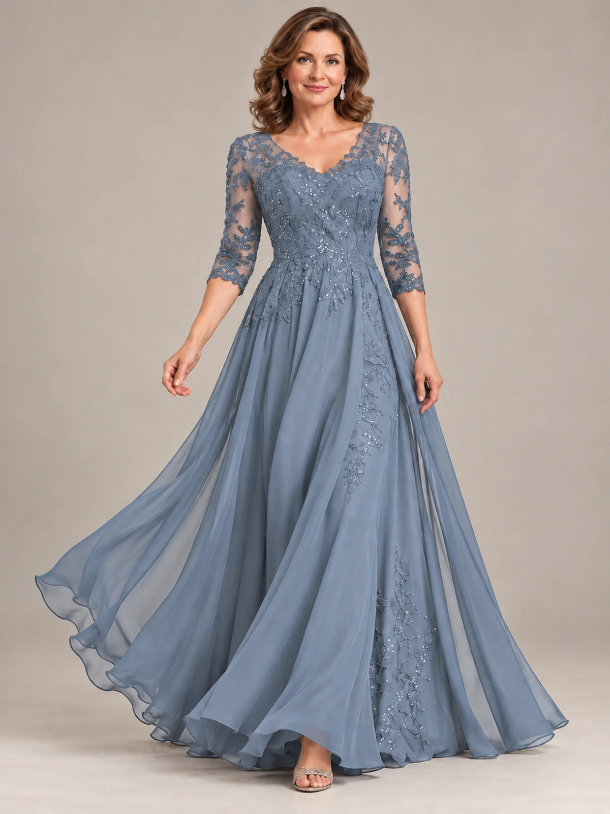 Sequin Lace A-Line Mother of the Bride Dress with 3/4 Sleeves
