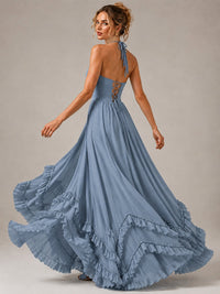 Halter V Neck Chiffon Formal Dress with Lace-Up Back and Ruffle Hem