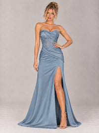 Strapless Satin Prom Dress with Sheer Lace Corset & High Slit