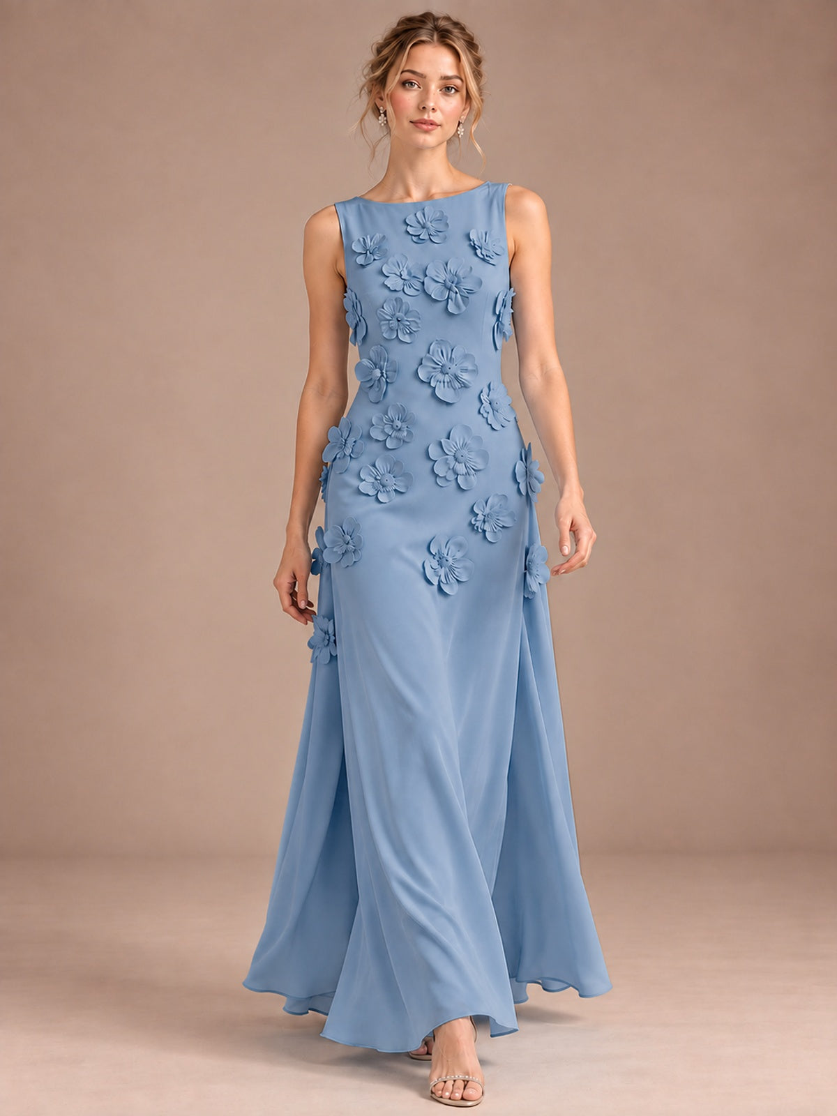 3D Floral Applique Sleeveless Formal Maxi Dress