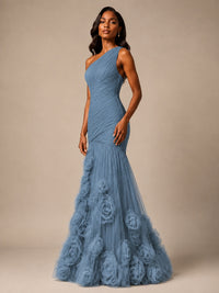 Blush Pink One Shoulder 3D Floral Mermaid Prom Dress