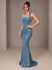 Gold Halter Sequin Mermaid Ruched Prom Dress Long Ruched Evening Gown