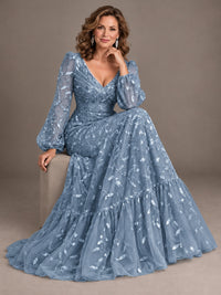 Floral Sequin Embroidered A-Line Mother of the Bride Dress with Long Sleeves