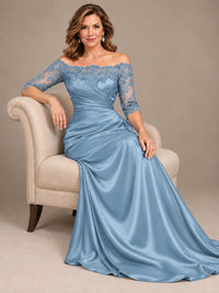 Satin Mother of the Bride Dress with Lace Sleeves Off Shoulder Formal Gown