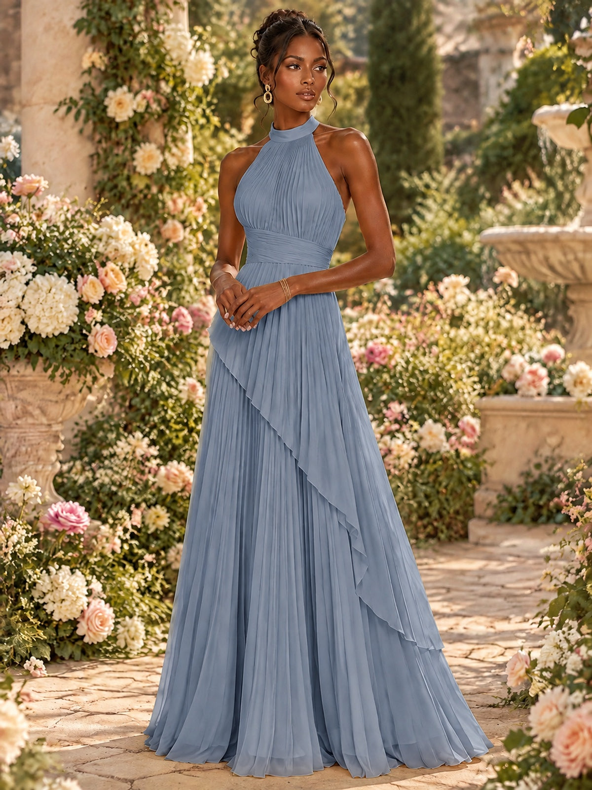 Wrap Pleated Prom Dress Halter A-line Chiffon Formal Wedding Dress