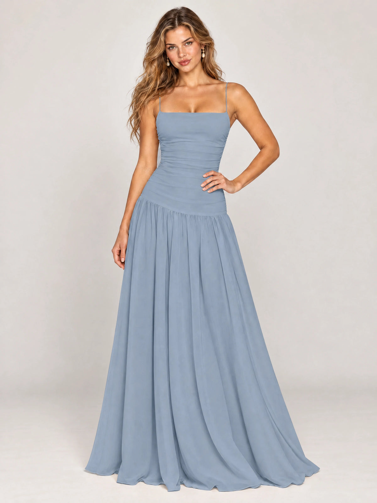 Butter Yellow Ruched Spaghetti Strap Drop-Waist Prom Dress