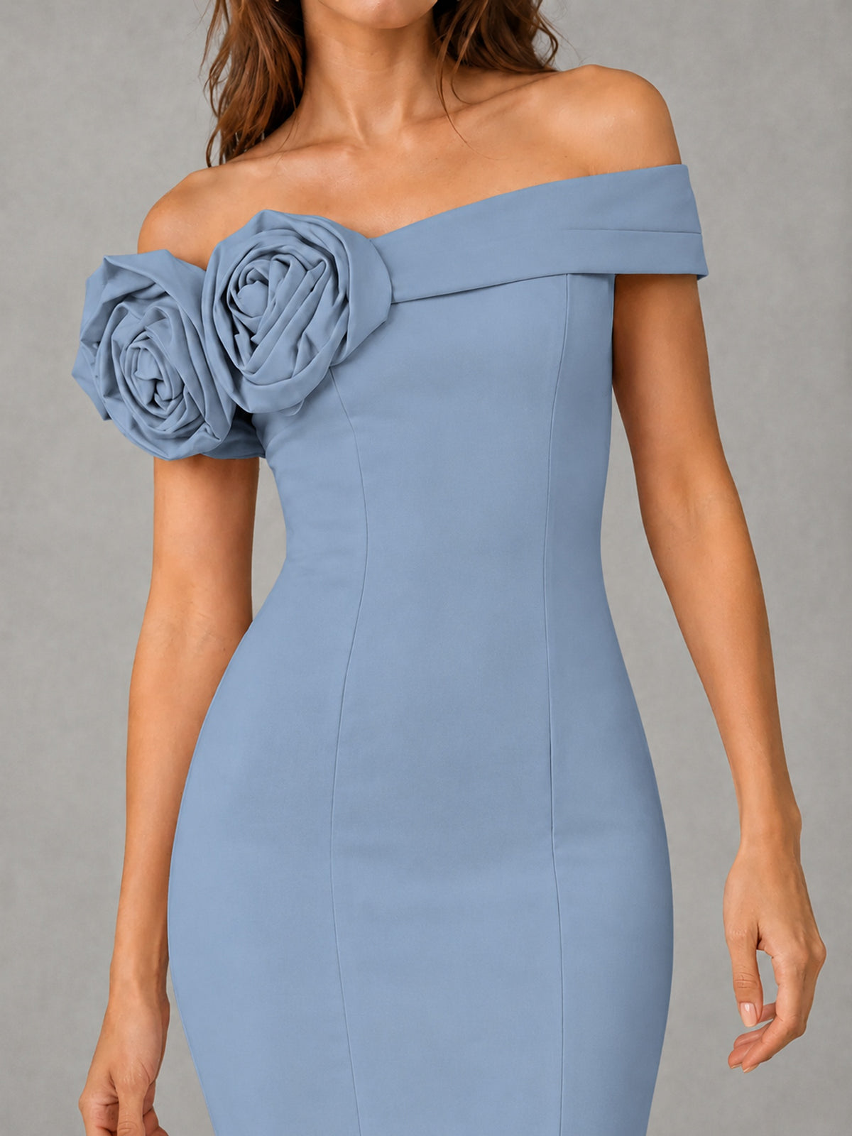 Blush Pink Off Shoulder Mermaid Bridesmaid Dress with Floral Rosette