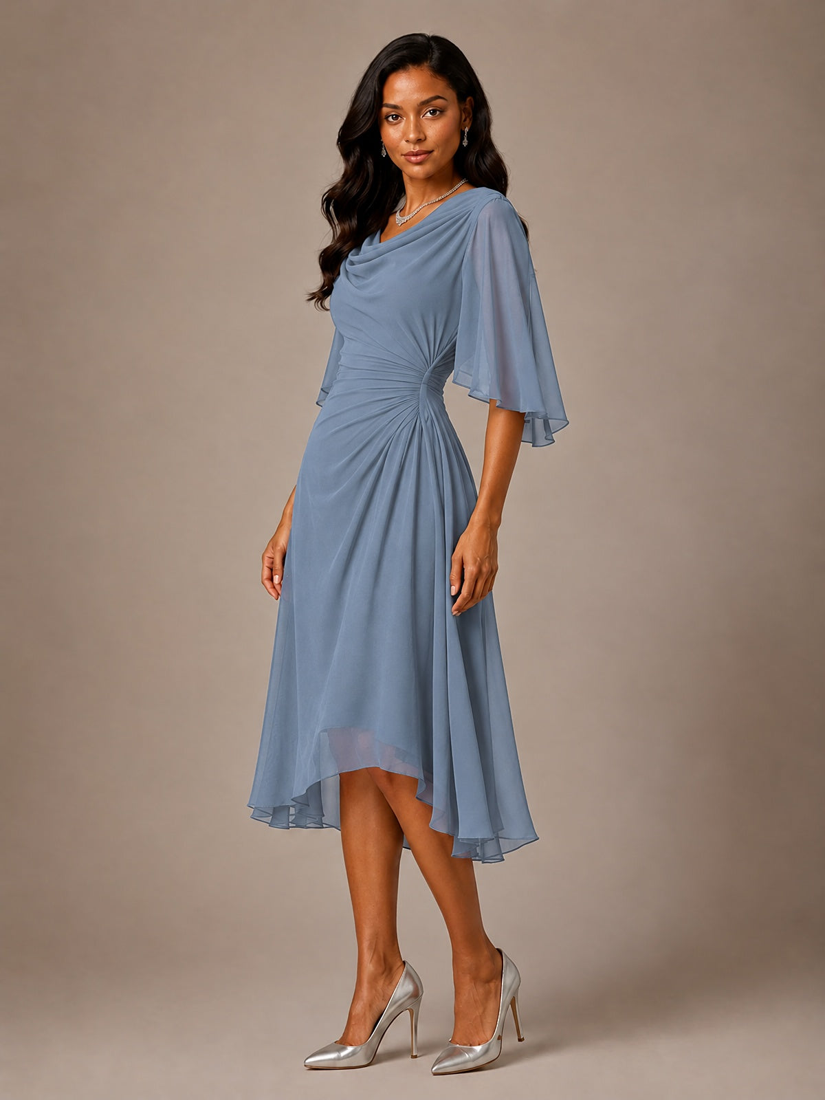 Cowl Neck Ruched Chiffon Mother of the Bride Dresses with Flutter Sleeves