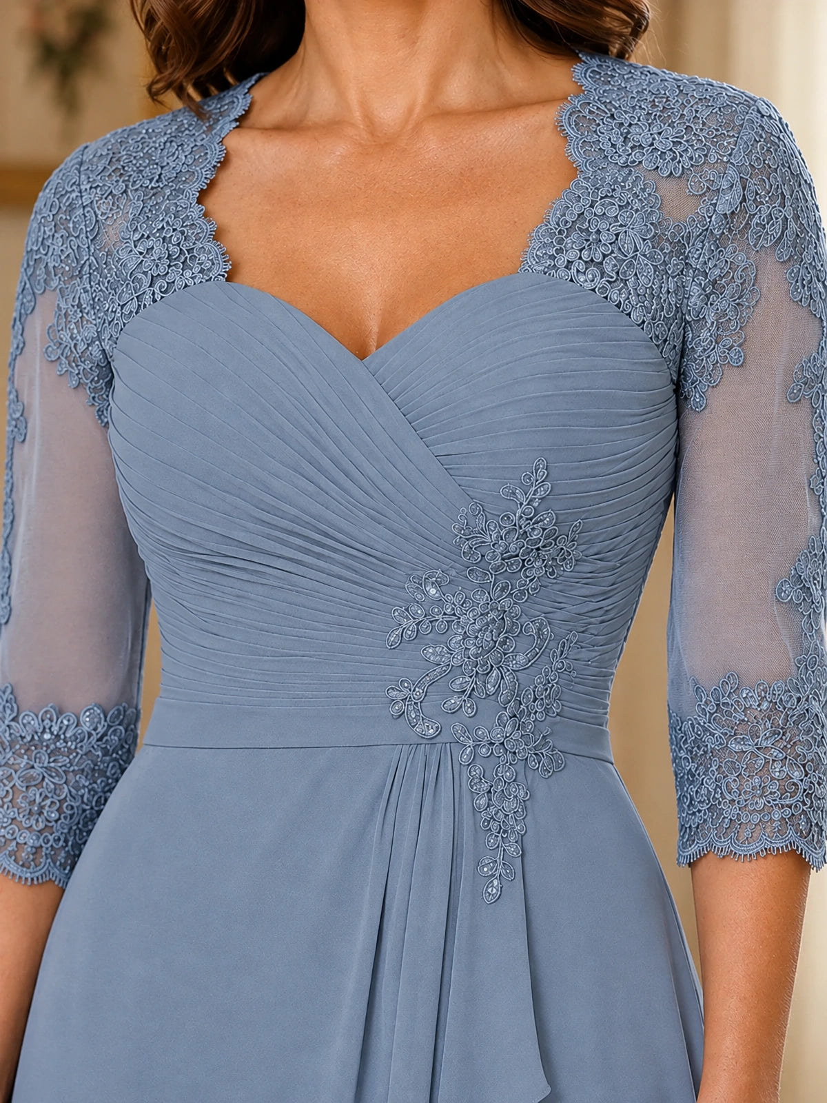 Chiffon Lace Applique Mother of the Bride Dress with 3/4 Sleeves