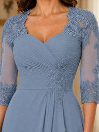 Chiffon Lace Applique Mother of the Bride Dress with 3/4 Sleeves
