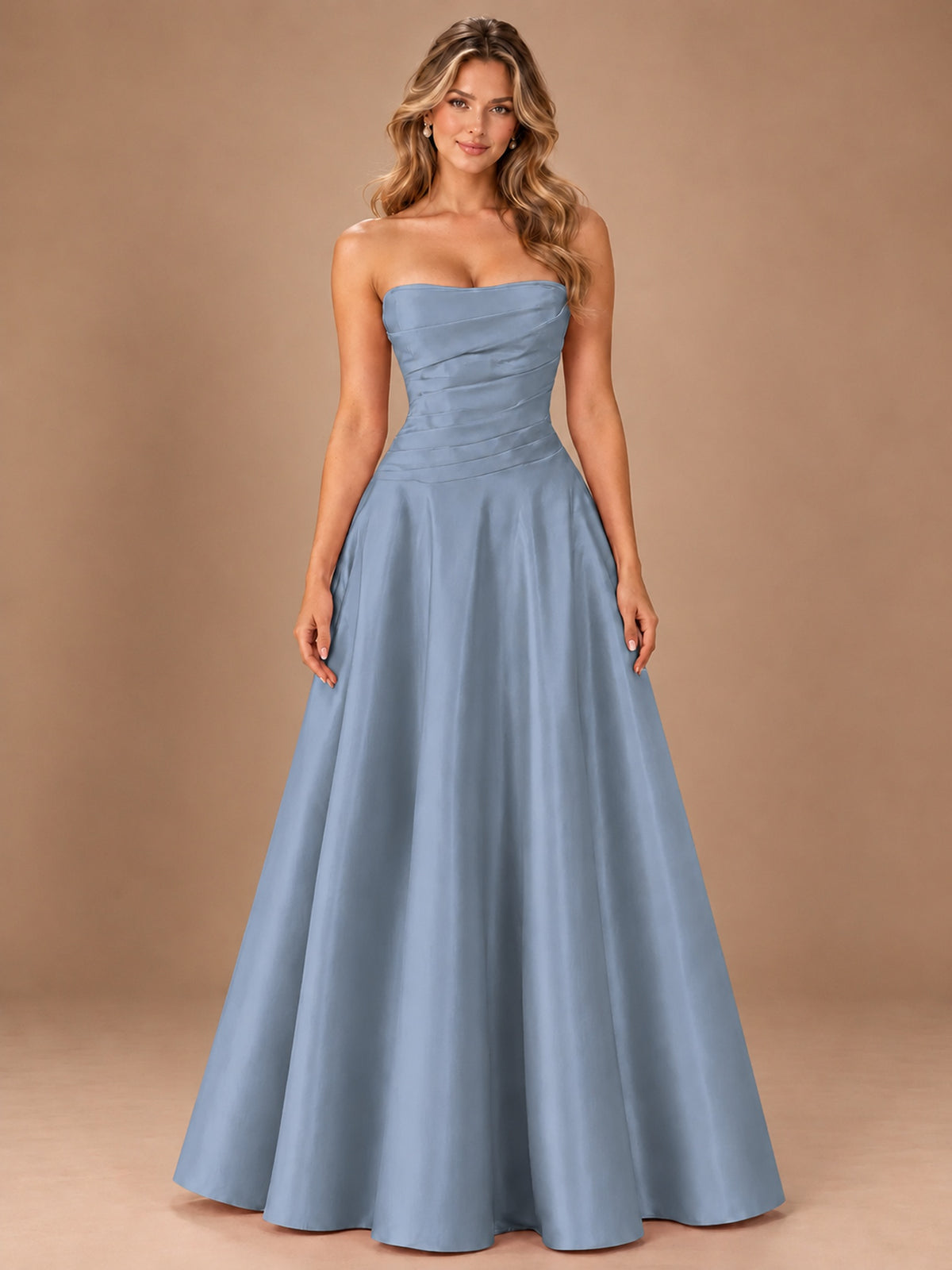 Blush Pink Strapless Satin A-Line Prom Dress with Ruched Bodice