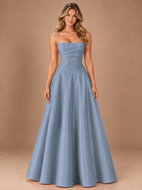 Blush Pink Strapless Satin A-Line Prom Dress with Ruched Bodice