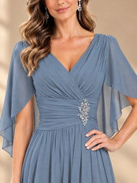 Ruched V Neck Mother of The Bride Dresses with Shawls Appliques and Cap Sleeves
