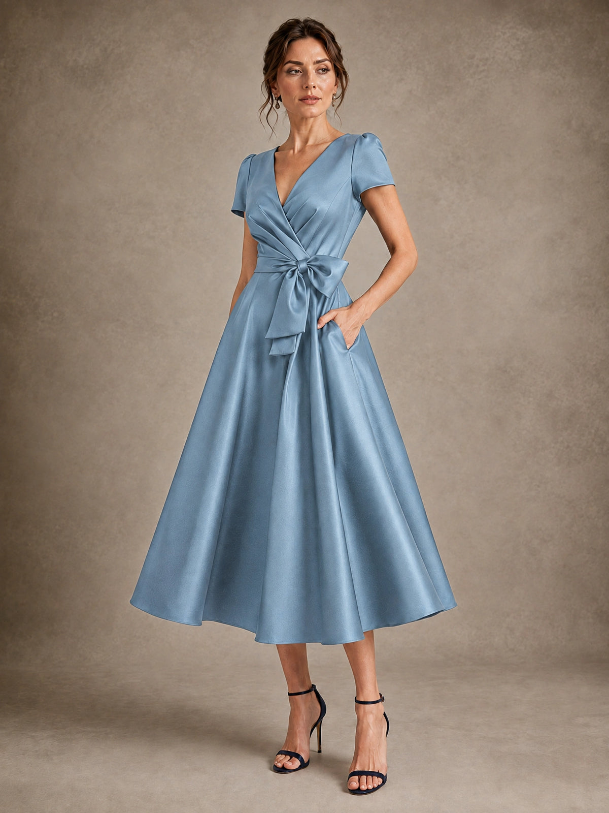 V-Neck Tea-Length Satin Mother of the Bride Dress with Bow