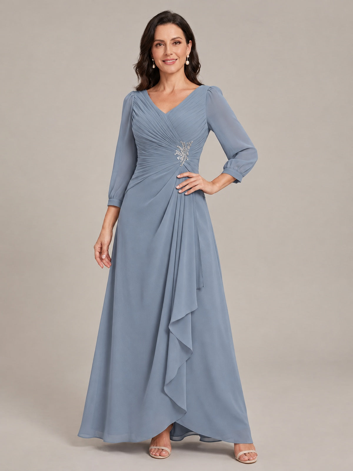 V-Neck Pleated Chiffon Mother of the Bride Dress with Flutter Sleeves
