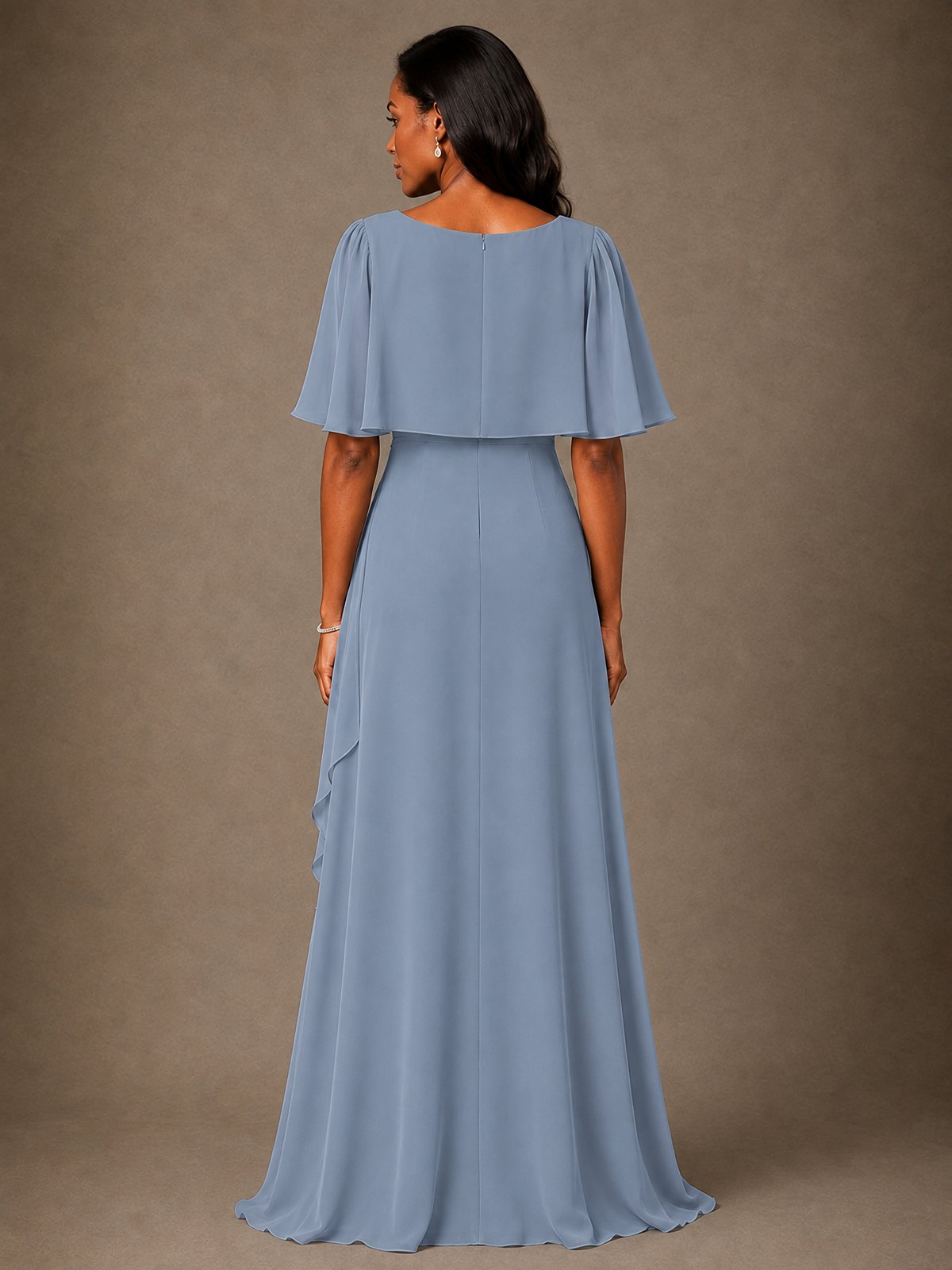 Taupe Chiffon A-Line Mother of the Bride Dress with Cape Sleeves