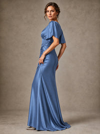 V-Neck Satin Mother of the Bride Dress with Flutter Sleeves