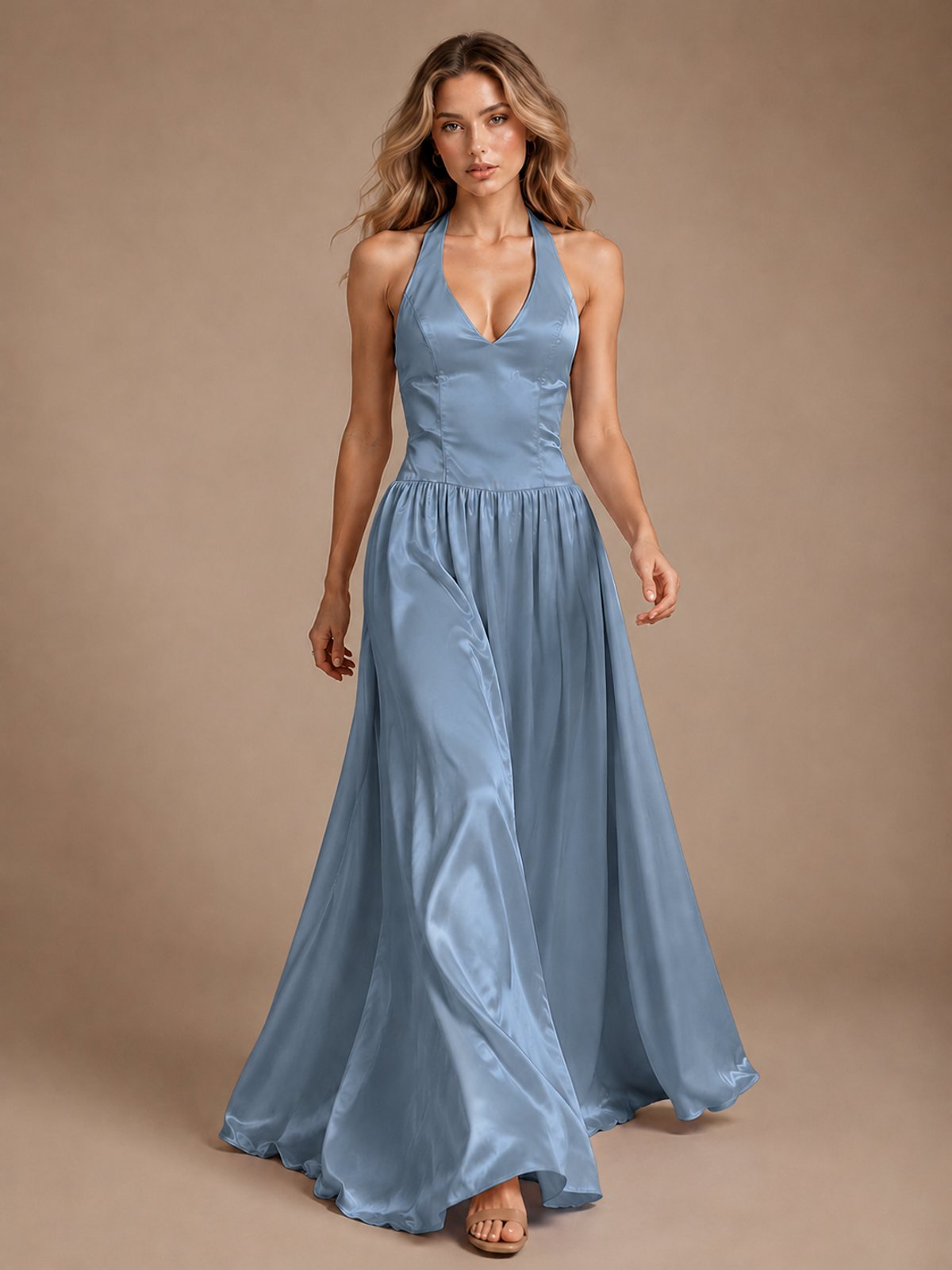 Pink V Neck Halter Satin Maxi Dress