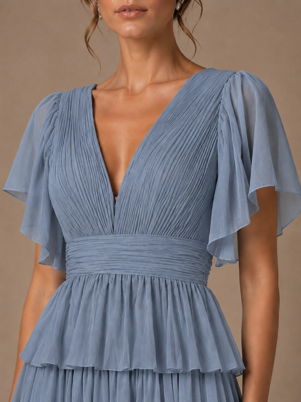 Chiffon V-Neck Tiered Ruffle Bridesmaid Dress with Slit