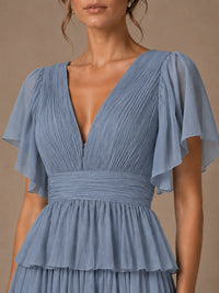 Chiffon V-Neck Tiered Ruffle Bridesmaid Dress with Slit