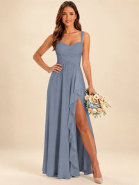 Spaghetti Straps Pleated Chiffon Bridesmaid Dress with Ruffle Slit