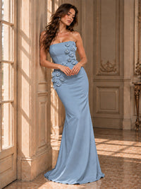 White Strapless Mermaid Maxi Dress with 3D Floral Appliques