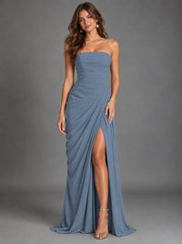 Strapless Bodycon Pleated Chiffon Formal Dress with Slit