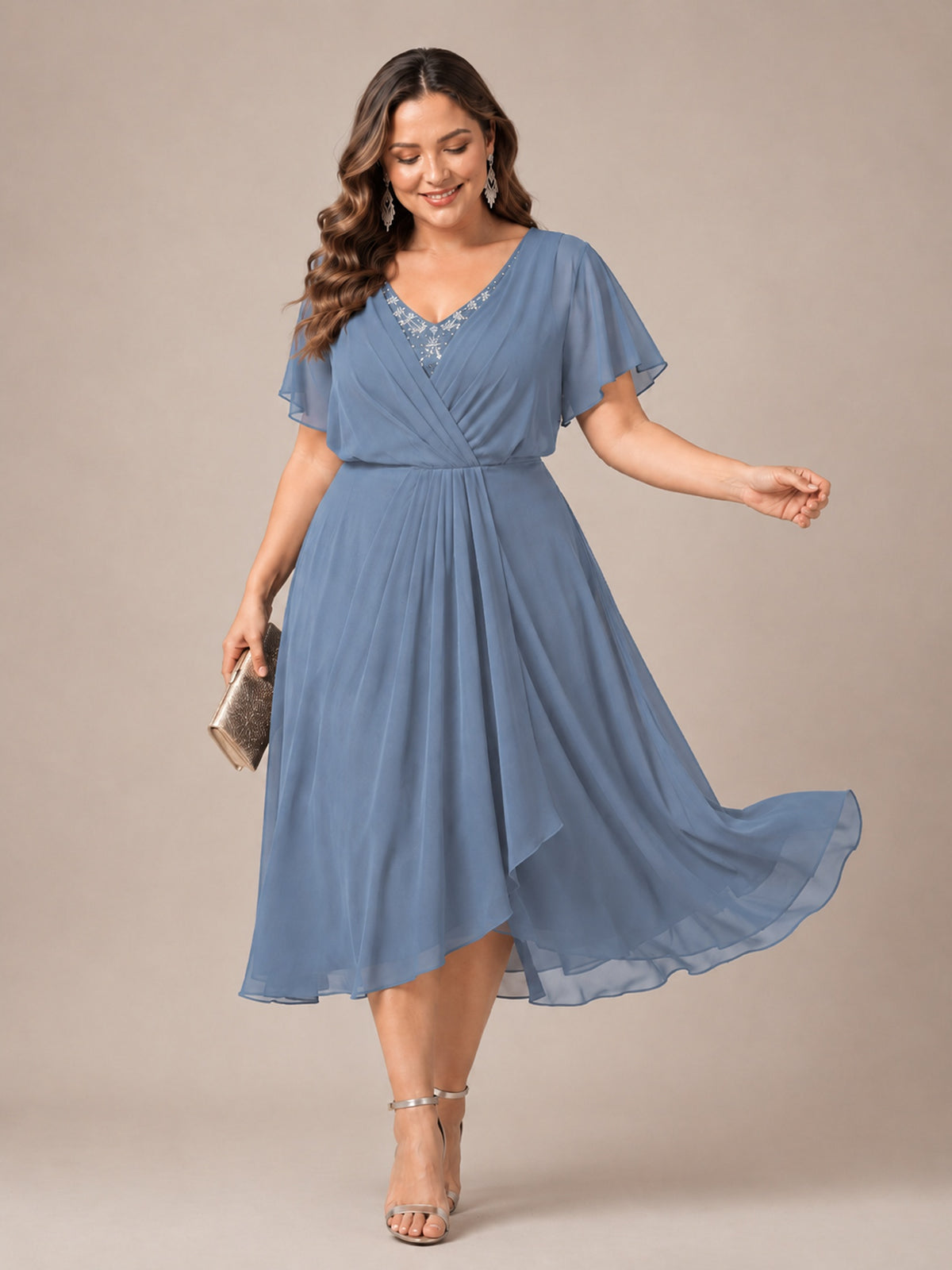 Navy Blue A-Line V-Neck Tea-Length Mother of the Bride Dress