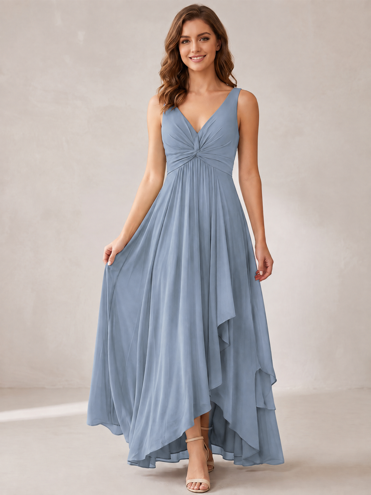 V-Neck High-Low Chiffon Bridesmaid Dress with Ruffles