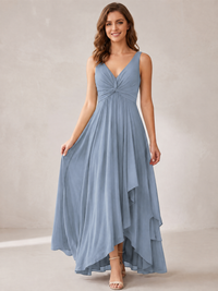 V-Neck High-Low Chiffon Bridesmaid Dress with Ruffles