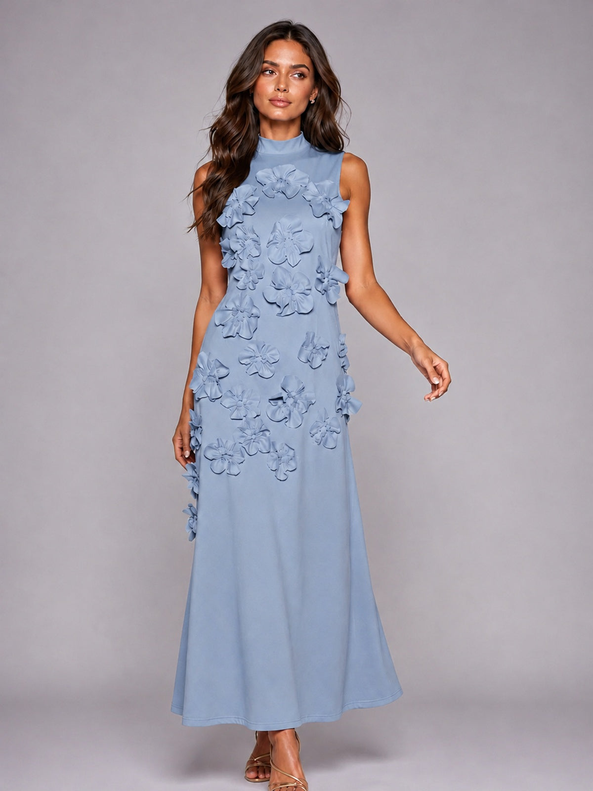 3D Floral Applique High Neck Prom Maxi Dress