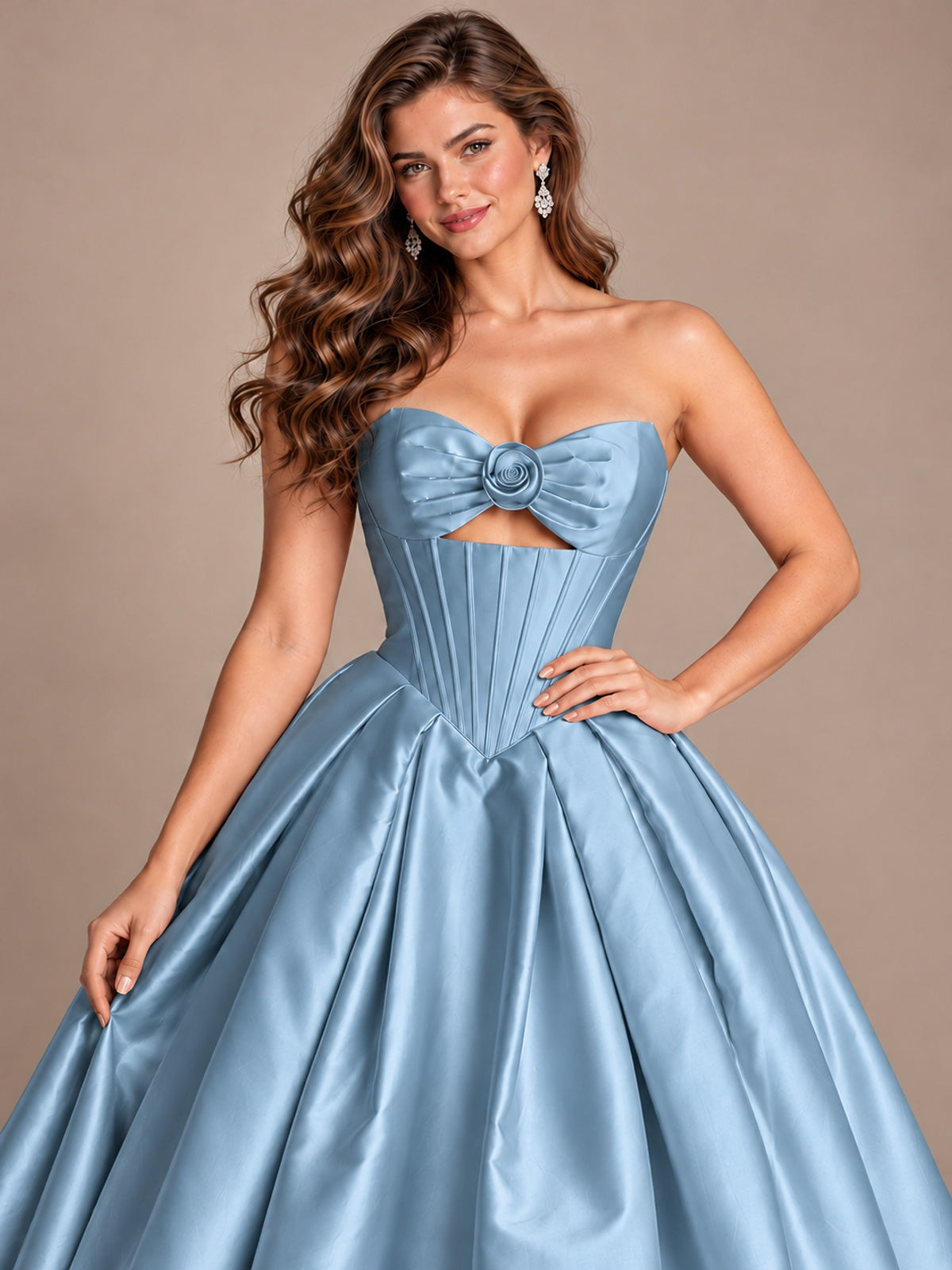 Pink Strapless Corset Satin Prom Derss & Ball Gown with 3D Floral