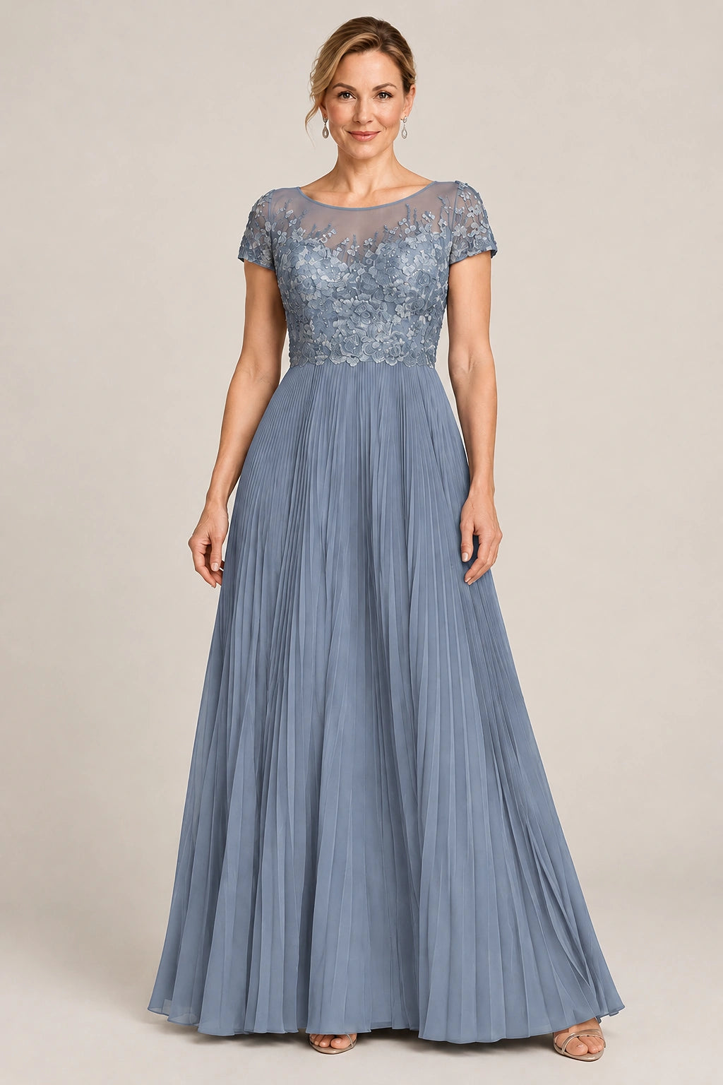 Embroidered Lace Pleated Mother of the Bride Dress