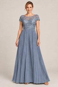 Embroidered Lace Pleated Mother of the Bride Dress
