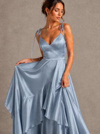 Lavender Satin V-Neck Ruffle Maxi Dress