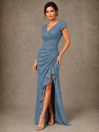 V-Neck Floral Jacquard Mother of the Bride Dress with Slit
