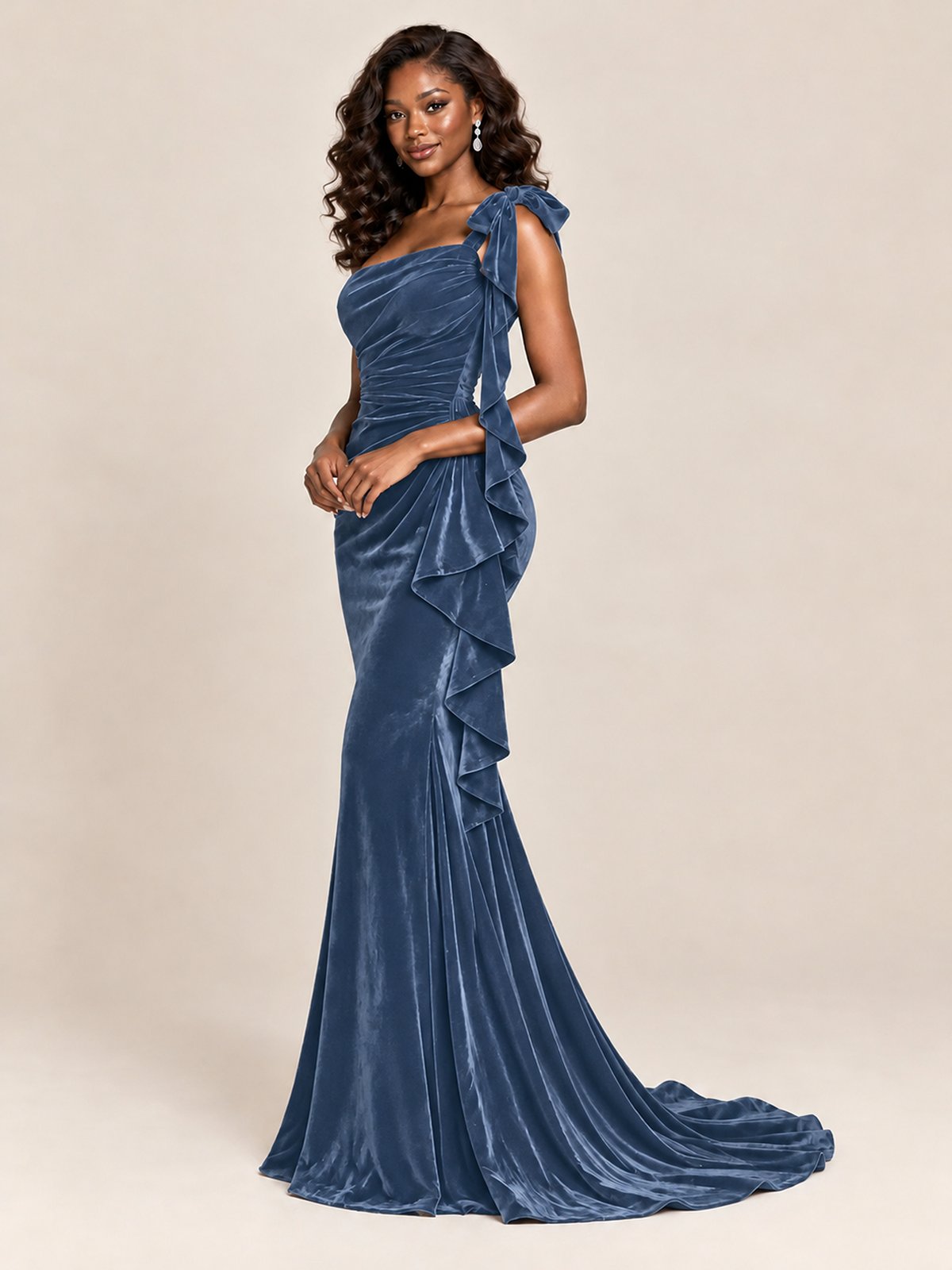 Black Velvet One-Shoulder Mermaid Evening Gown with Bow & Ruffles