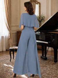 Chiffon Mother of the Bride Jumpsuit with Layered Cape Sleeves
