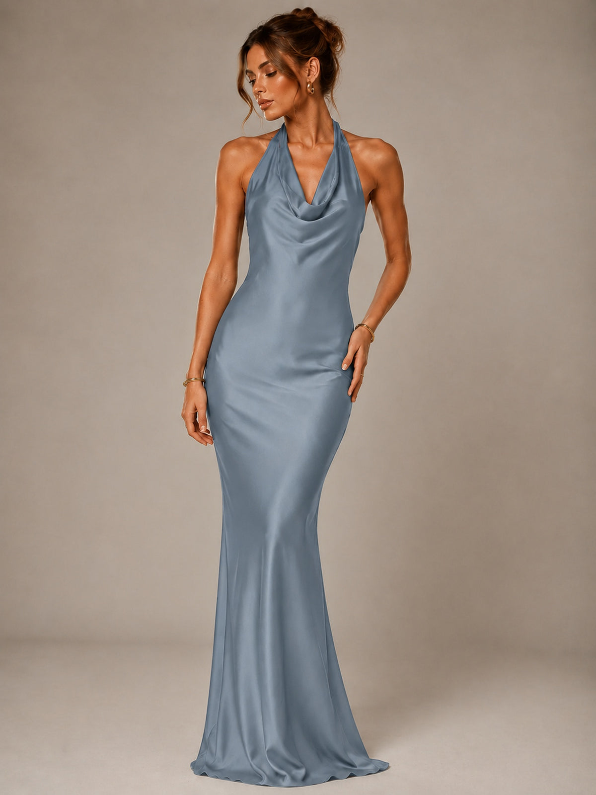 Olive Green Halter Satin Mermaid Maxi Dress