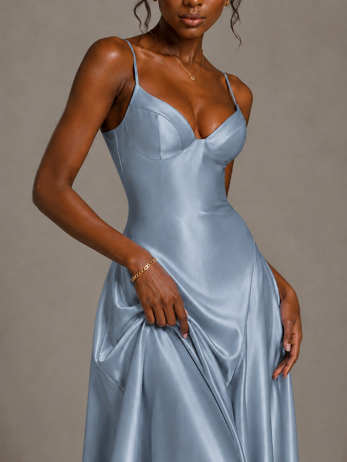 Lavender V Neck Satin Prom Dress with Spaghetti Straps
