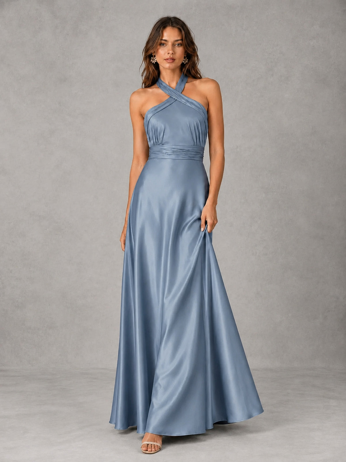 Sage Green Satin A-Line Bridesmaid Dress with Halter Neck