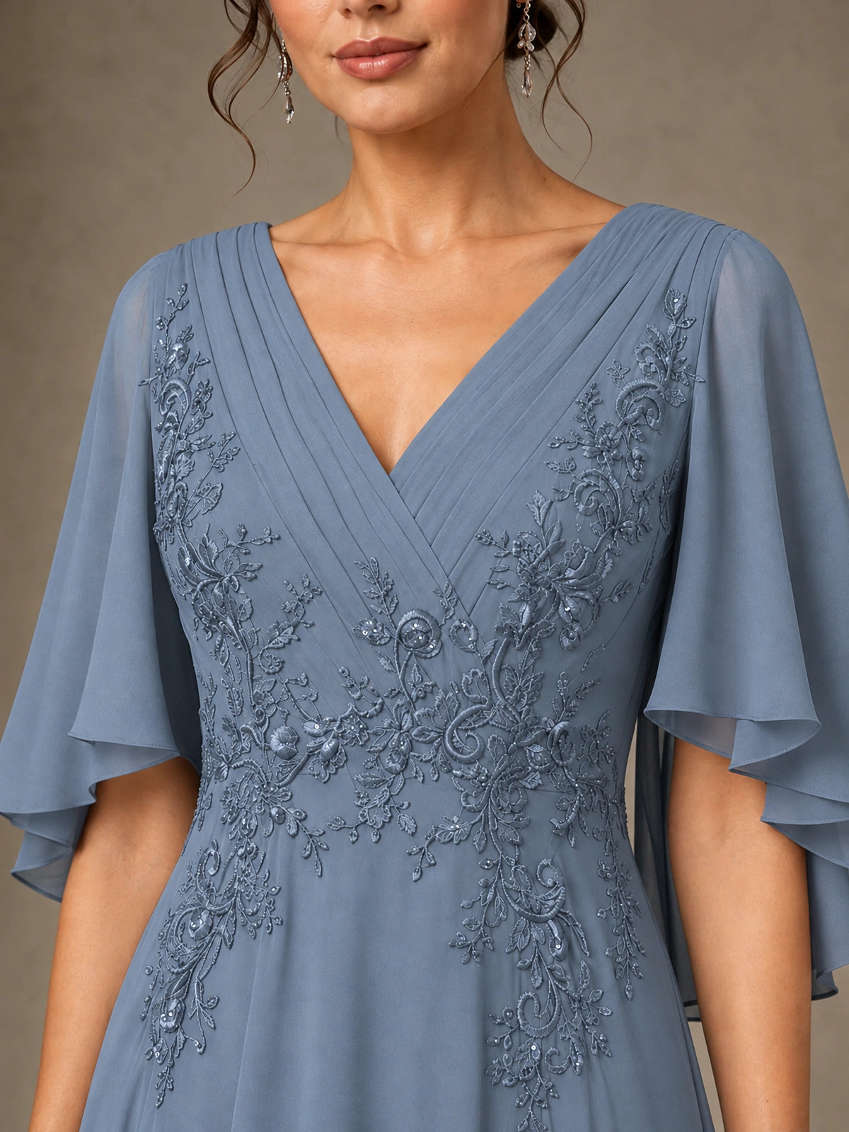 V-Neck Chiffon Lace Mother of the Bride Dress with Flutter Sleeves