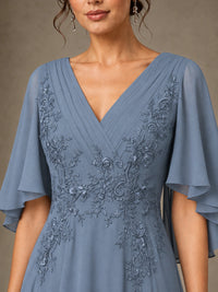 V-Neck Chiffon Lace Mother of the Bride Dress with Flutter Sleeves