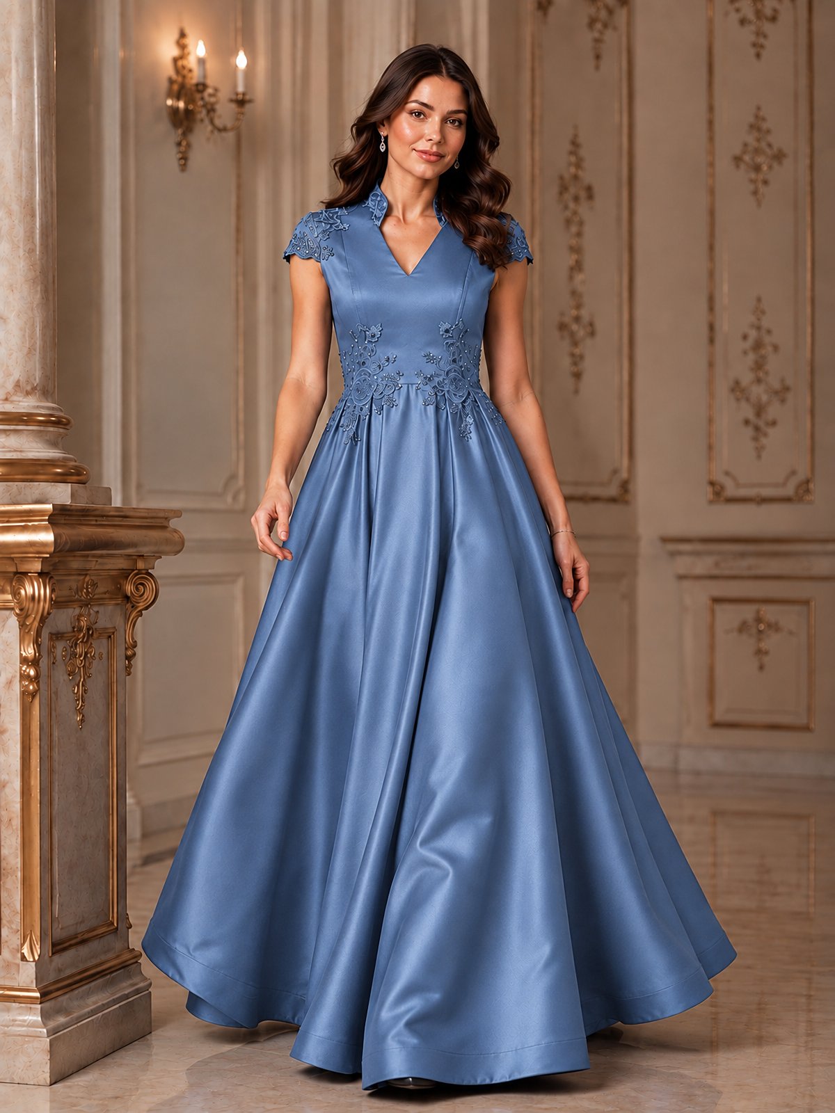 Lace Appliqué A-Line Satin Maxi Dress