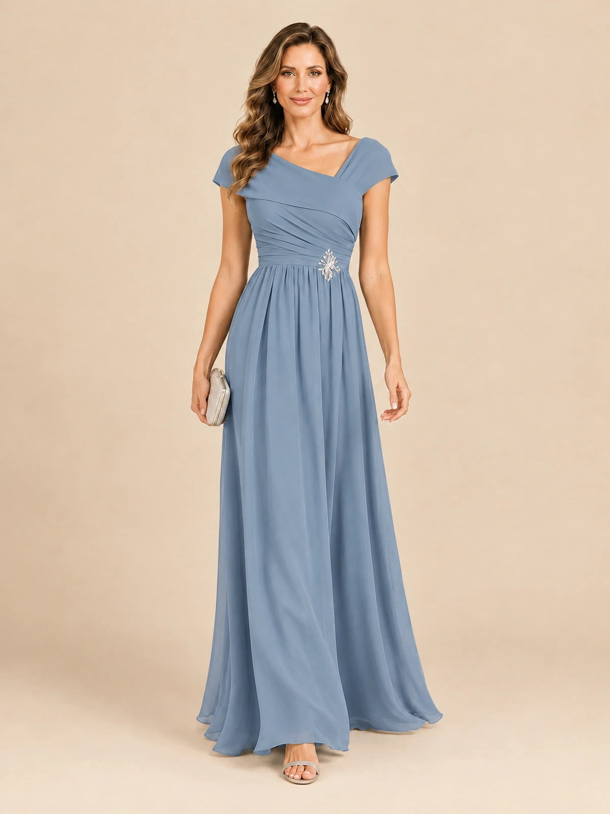 Cap Sleeve Mother of The Bride Dresses Long Chiffon Formal Gowns