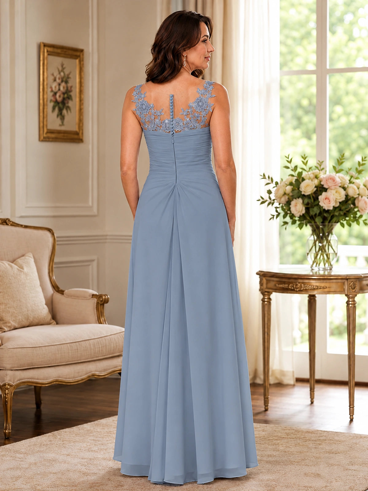 Elegant Chiffon Mother of the Bride Dress with Lace Applique and Cape Sleeves