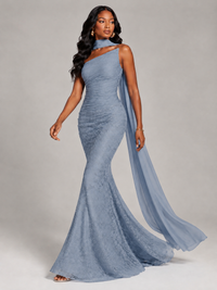 Pleated Chiffon Lace Prom Dresses Long Bodycon Mermaid with Scarf