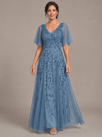 V-Neck Sequin Tulle Mother of the Bride Dress with Flutter Sleeve