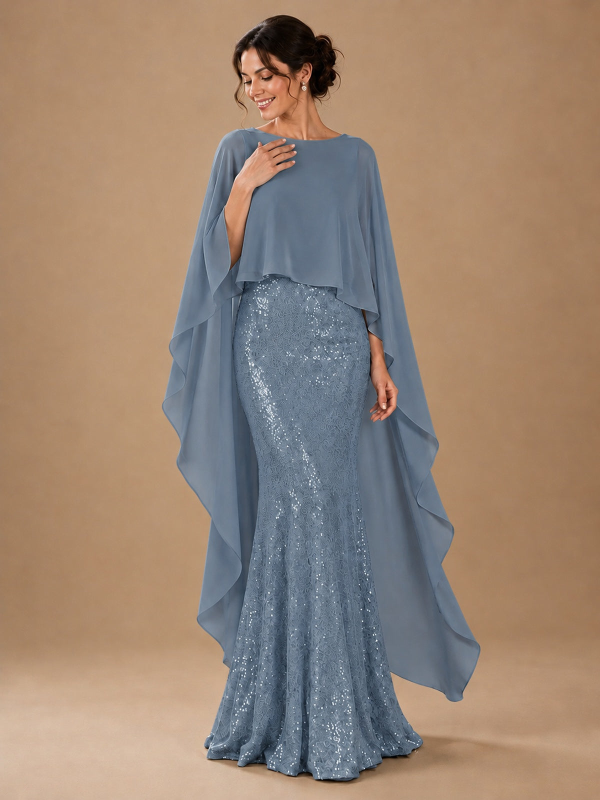 Sequin 2 Pieces Mother of the Bride Dress with Cap Sleeves Chiffon Formal Gowns